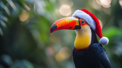 Obraz premium Vibrant Toucan Wearing Santa Hat in Nature