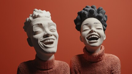 Obraz premium Dynamic figures exhibit whimsical expressions, emphasizing distinctive facial features that reflect emotion and flair in a vivid image.
