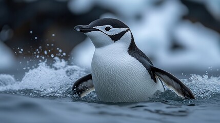 Obraz premium A chinstrap penguin stands near the water at Cape Valentine on Elephant Island, offering a glimpse into Antarctic wildlife and its ecosystem.