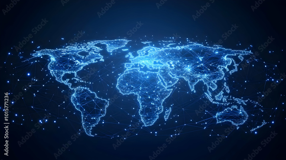 Poster abstract world map illustration depicting interconnectedness with glowing lines and points