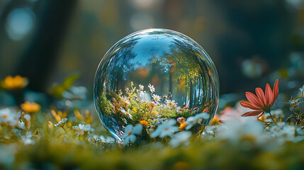 A Crystal Ball Reflecting a Blooming Wildflower Meadow, Capturing a Moment of Tranquility in Nature's Beauty