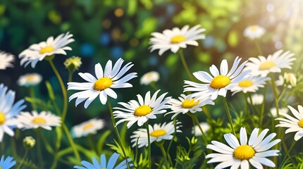 Fototapeta premium sun flower flowers blooming in spring, easter time against a natural sunny blurred garden banner background of blue and white