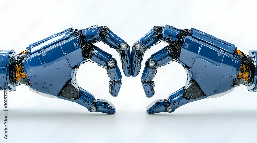 Poster two 3d rendered metallic blue robot arms form a heart shape with their hands in a futuristic and abs