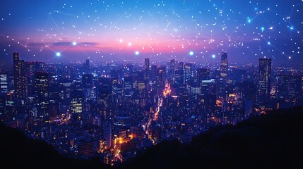 Obraz premium A cityscape at night connected by wireless networks, illustrating urban technology and connectivity.