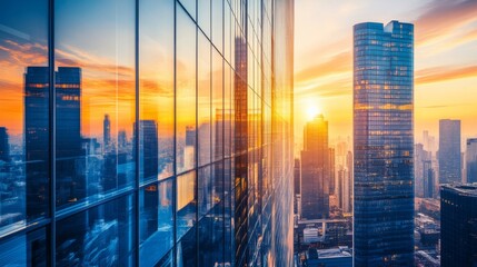 A stunning cityscape showcasing skyscrapers reflecting in glass windows, highlighting urban architecture and corporate office buildings during dusk