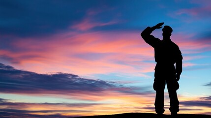 Silhouette of a Soldier Saluting at Sunset
