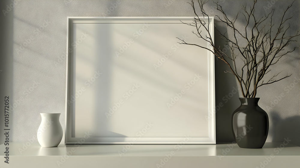 Aufkleber white and black vases on a minimalist tabletop with light streaming through a window, creating a tra