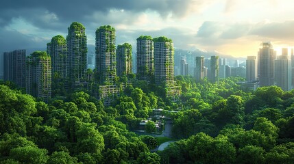A cityscape integrated with environmental technology, aligning with sustainable development goals.