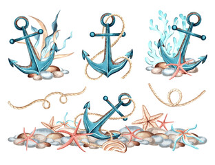 Underwater decor collection. Anchor with coral, starfishes and pebbles. Set of watercolor hand drawn illustration isolated. Mediterranean and tropical sea theme. Clipart for print, postcard, sticker. © susie_p_art