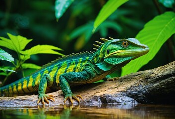 Fototapeta premium lizard by a Jungle Riverbank with Reflection in Water, Tropical Forest Background