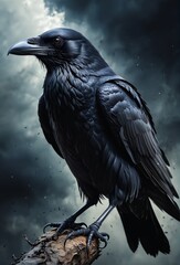 Majestic Black Raven Perched on a Branch Against Stormy Sky, Dark Bird of Prey