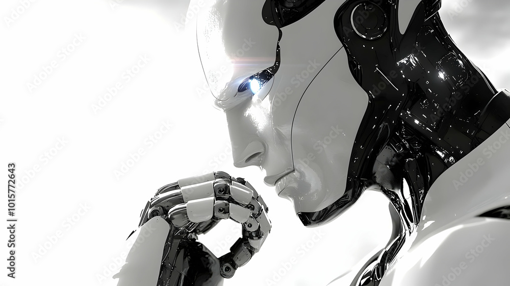 Poster a realistic 3d render of a white robot with black accents, its shiny face looking down with a though