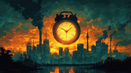 A climate crisis illustration features an alarm ringing over global warming, signaling the need for immediate action.