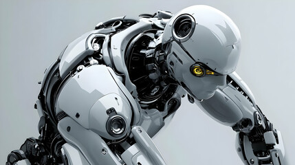 Fototapeta premium A 3D Render of a White, Metallic Robot with Yellow Eyes, Leaning Forward in a Posse of Alertness, Against a Gray Backdrop