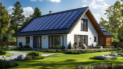 Obraz premium Modern White House with Solar Panels on Roof and Lush Green Garden