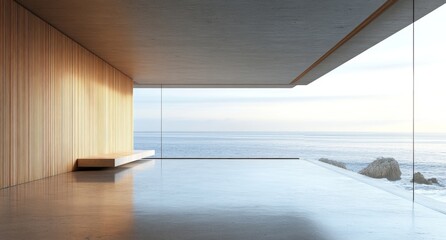 Fototapeta premium A modern minimalist interior featuring large windows that offer an expansive view of the ocean. The room showcases concrete floors and wooden panels on one wall, creating a serene atmosphere.