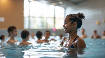 In a cheerful indoor pool, a friendly instructor leads enthusiastic learners of all ages through swimming lessons.