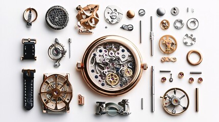 Fototapeta premium A pristine backdrop highlights the exquisite craftsmanship and intricate mechanisms of finely crafted timepiece components for horology aficionados.