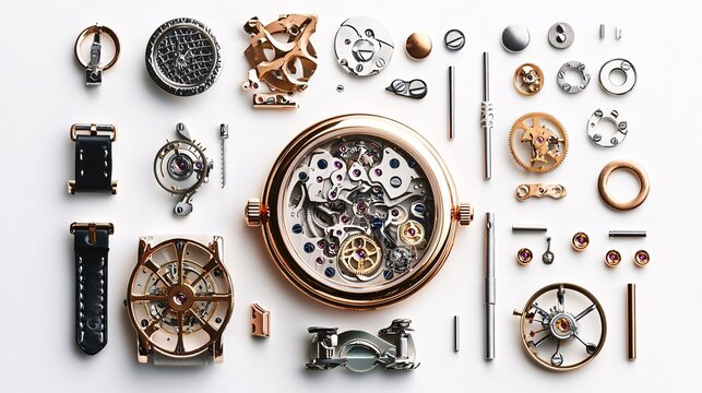 A pristine backdrop highlights the exquisite craftsmanship and intricate mechanisms of finely crafted timepiece components for horology aficionados.