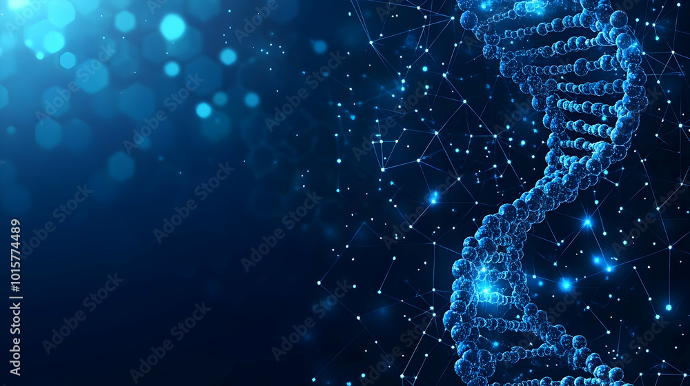 Poster abstract blue digital dna double helix with connected lines and glowing points on dark background