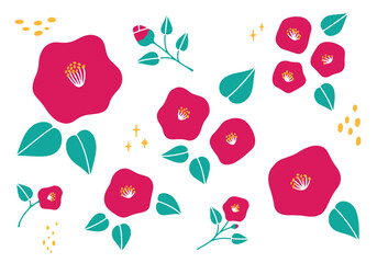 ピンクの椿の手描きイラストセット