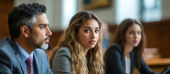 Obraz premium A young woman and man sitting in a meeting, listening intently to the speaker, the woman with a serious expression looking directly at the camera.