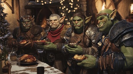 The image depicts a group of four orc characters gathered around a rustic table filled with various types of food in a warm, festive setting. Each orc has distinct features, showcasing exaggerated fac