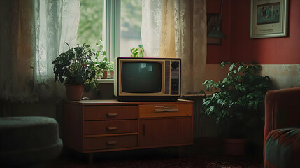 Vintage Television Rests on Wooden Cabinet in a Cozy Living Room with Plants and Sunlight Filtering Through Lace Curtains