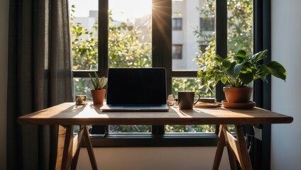 Fototapeta premium Modern home office with wooden desk, laptop, and potted plants under warm sunlight