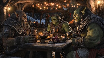A group of three green-skinned orc characters is gathered around a rustic wooden table, engaged in a lively meal. The setting is a cozy, dimly lit environment featuring warm, glowing fairy lights stru