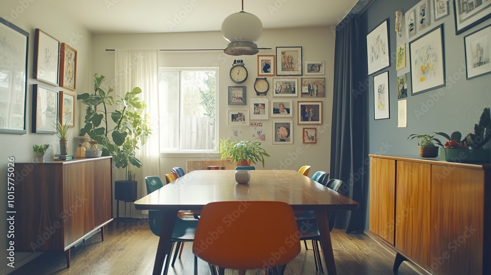 Sticker A modern suburban dining room with a long wooden table, eclectic chairs, and a gallery wall of family photos. 