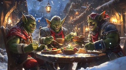 A cozy scene set in a snow-covered village with three green-skinned orcs enjoying a festive meal around a wooden table. The orcs are depicted with bright, expressive faces, displaying joyful expressio