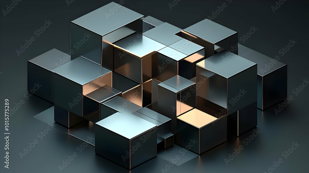 Poster abstract 3d render of stacked metallic cubes with a dark background