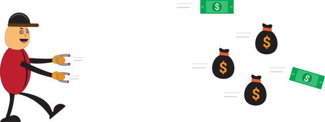 Vector design of man catching dollars with a magnet in a cute and dynamic cartoon style. Suitable for illustrations about motivation, business and finance in marketing or educational materials