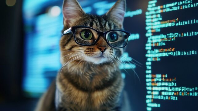 Cat in Glasses Looking at Code