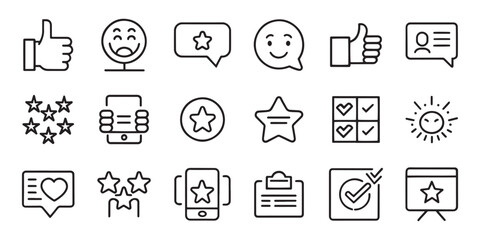 Customer feedback and satisfaction concept related editable stroke outline icons set isolated flat vector illustration on white background.