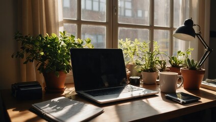 Fototapeta premium Bright workspace with laptop, cell phone, and plants, person working at desk