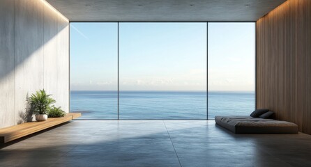 A modern minimalist interior featuring large windows that offer an expansive view of the ocean. The room showcases concrete floors and wooden panels on one wall, creating a serene atmosphere.