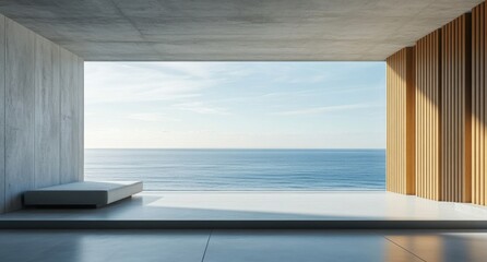 Fototapeta premium A modern minimalist interior featuring large windows that offer an expansive view of the ocean. The room showcases concrete floors and wooden panels on one wall, creating a serene atmosphere.