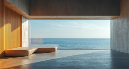 Fototapeta premium A modern, minimalist room with large windows offering a breathtaking view of the sea. The space features concrete walls and wooden panels, created by the expansive ocean view through the open windows