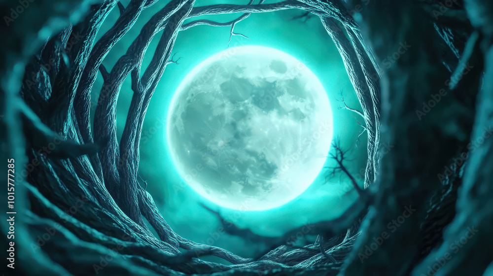 Poster mystical scene featuring full moon glowing brightly through twisted branches, creating enchanting at