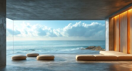 Obraz premium A modern, minimalist room with large windows offering a breathtaking view of the sea. The space features concrete walls and wooden panels, created by the expansive ocean view through the open windows