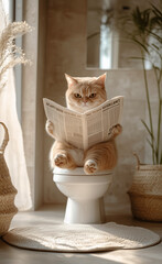 Scottish Fold reading a newspaper in the toilet generated by AI