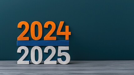 The image features the years 2024 and 2025 displayed with colorful numerals against a dark green background, symbolizing transition or future planning.