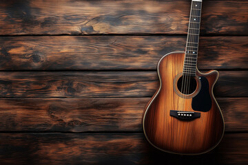 Acoustic guitar and studio microphone on the sound studio table background with copy space.