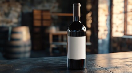 Red wine bottle with blank white label. Wine advertising template
