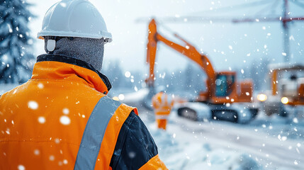 construction worker in bright orange jacket and hard hat stands in snowy environment, observing heavy machinery at work. scene conveys sense of determination and focus amidst winter conditions