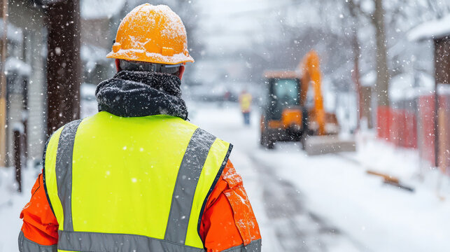 construction worker in bright orange safety jacket and hard hat stands in snow, observing worksite. scene captures challenges of winter construction, highlighting workers dedication