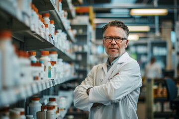 Fototapeta premium Confident Middle-Aged Male Pharmacist Standing with Arms Crossed in Pharmacy Surrounded by Medicine Shelves