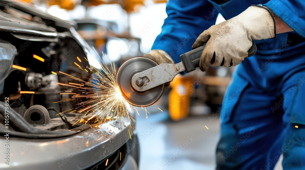 Poster skilled worker in blue jumpsuit is using cutting tool on car, creating bright sparks in workshop. sc